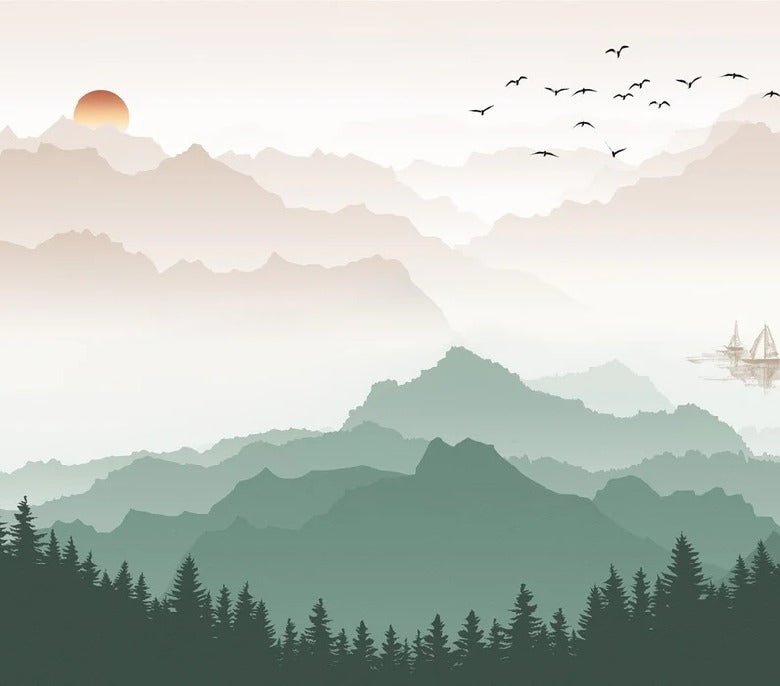 Papier peint montagne dans brume terracotta