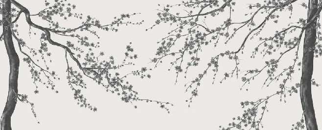 Papier peint panoramique fleur Sakura noir et blanc, XXL, tendance