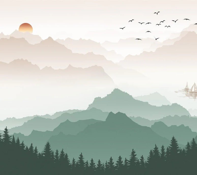 Papier peint montagne dans brume terracotta