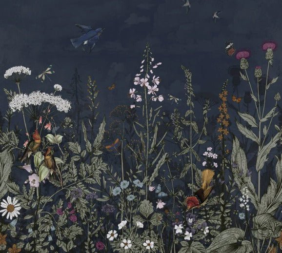 Panoramic night-blue floral wallpaper
