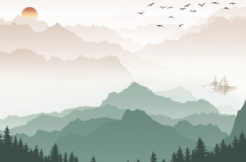 Papier peint montagne dans brume terracotta
