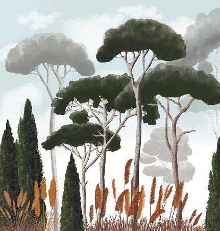 Papier peint sur mesure cyprès pins et herbes de la pampa, XXL, tendance