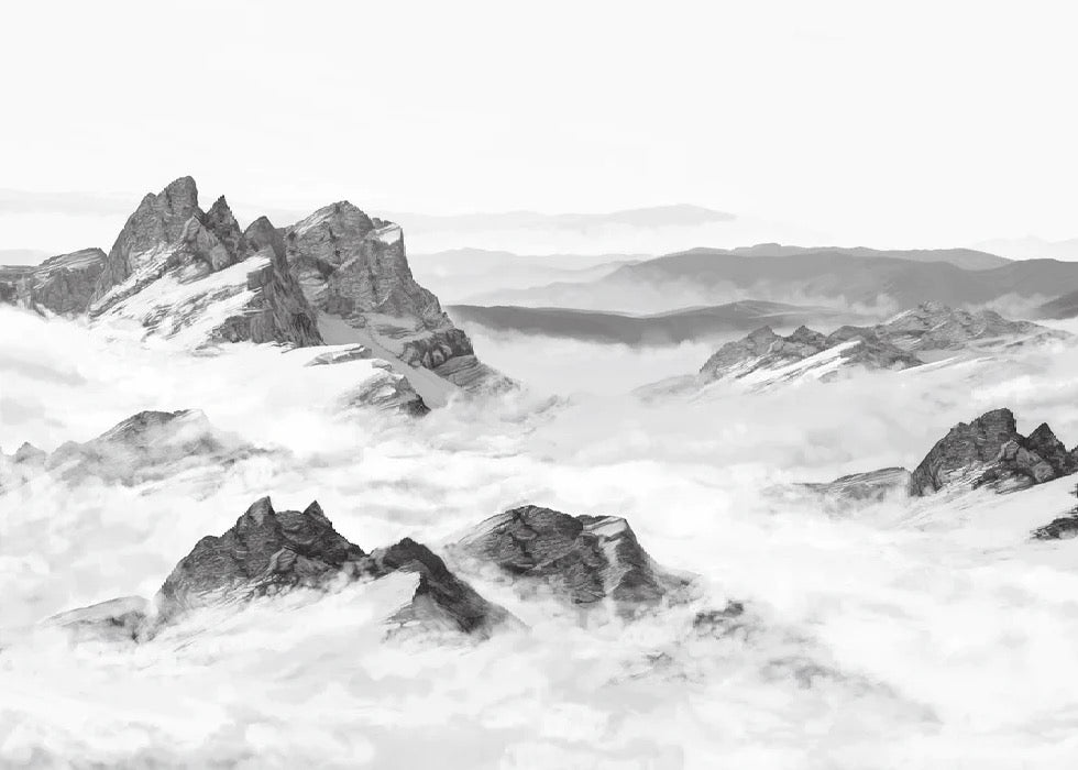 Papier peint panoramique montagne noir et blanc, XXL, tendance
