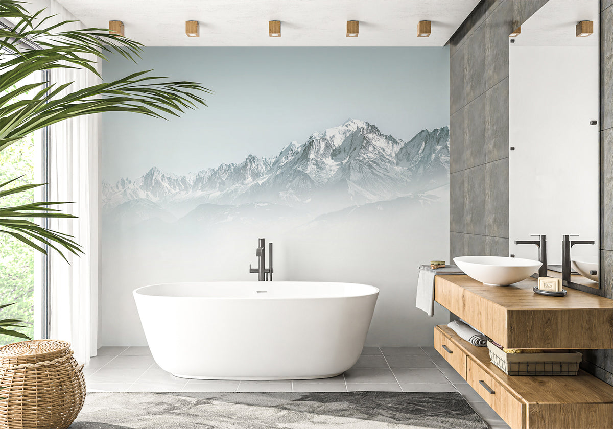 Mont Blanc bathroom wallpaper in blue mist