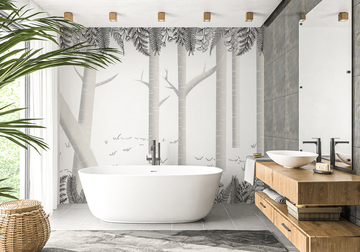 Grey birch forest bathroom wallpaper