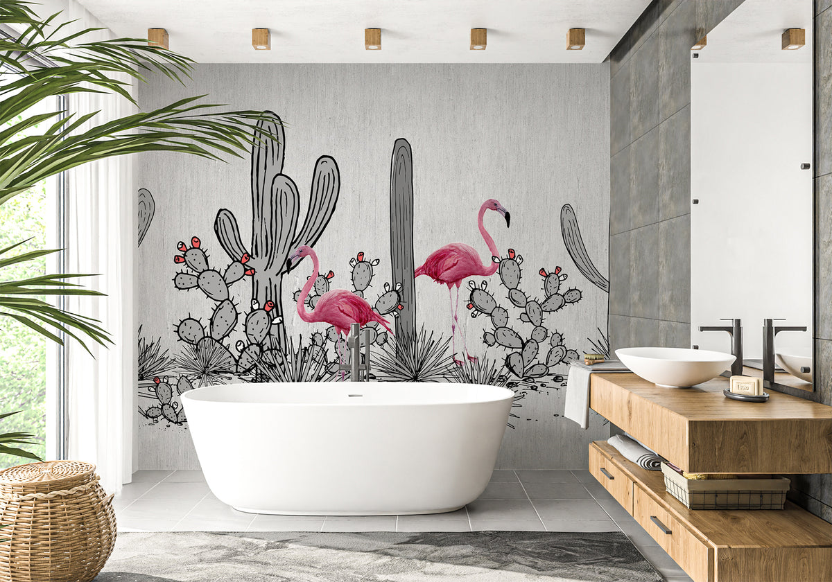 Cactus & pink flamingo panoramic bathroom wallpaper