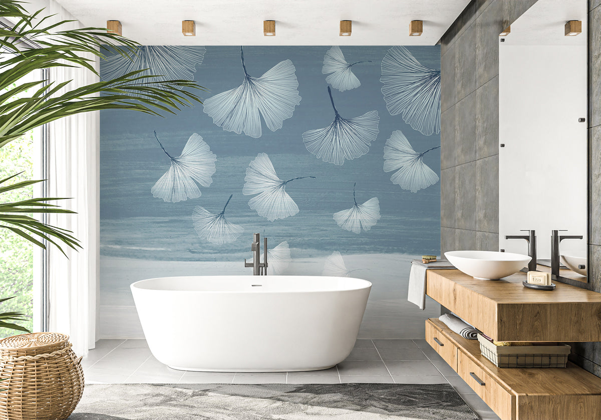 Bathroom wallpaper japandi blue gingko