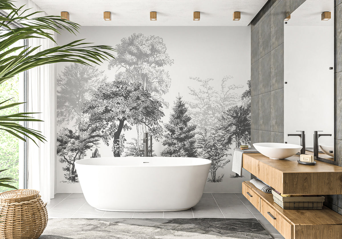 Nature bathroom wallpaper in black and white