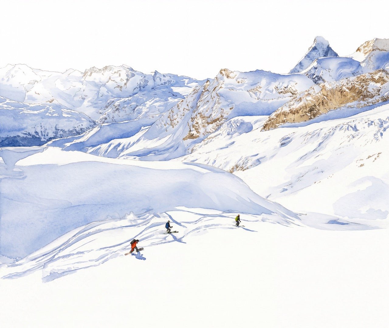 Papier peint heliski Zermatt – Montagnes suisses en aquarelle - Muralconcept