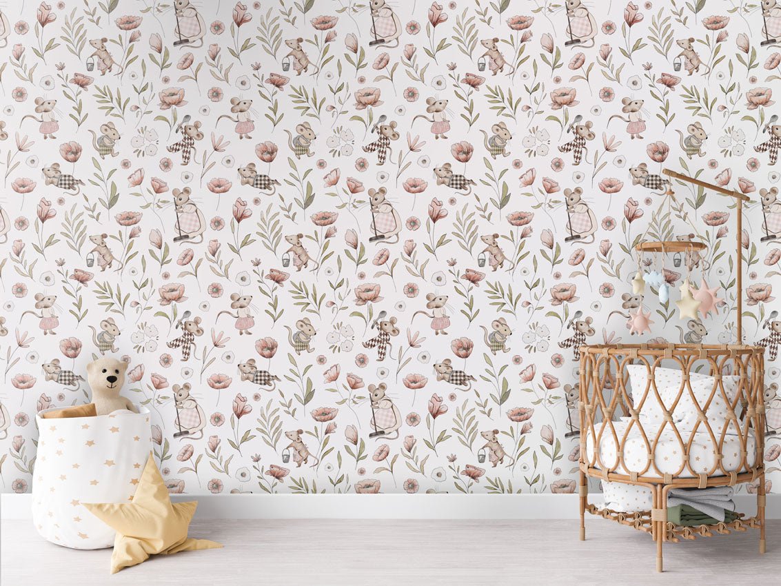 Papier peint à motif pour enfant. Le jardin des petites souris - Muralconcept