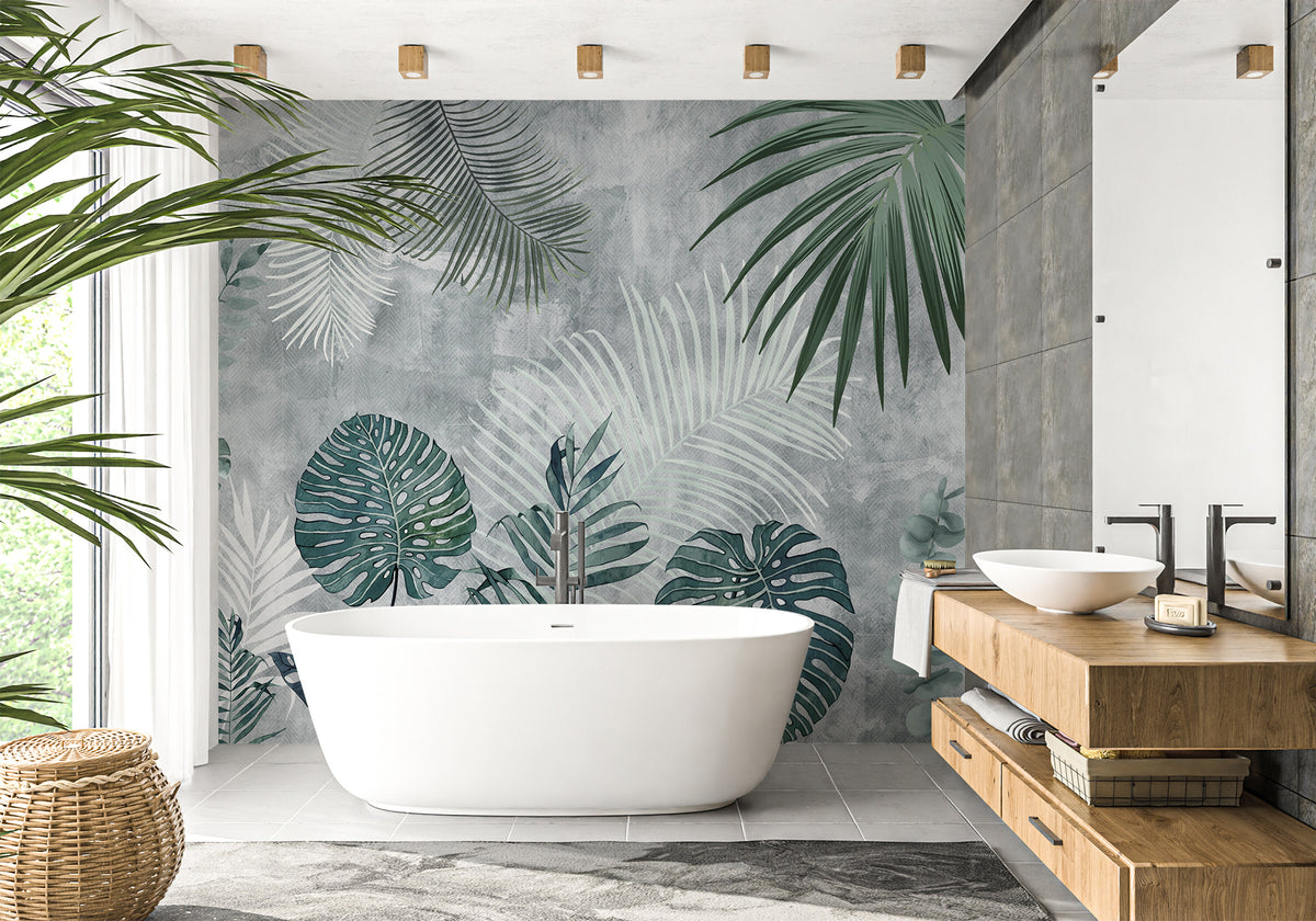 Biophilic Jungle Monochrome Bathroom Wallpaper