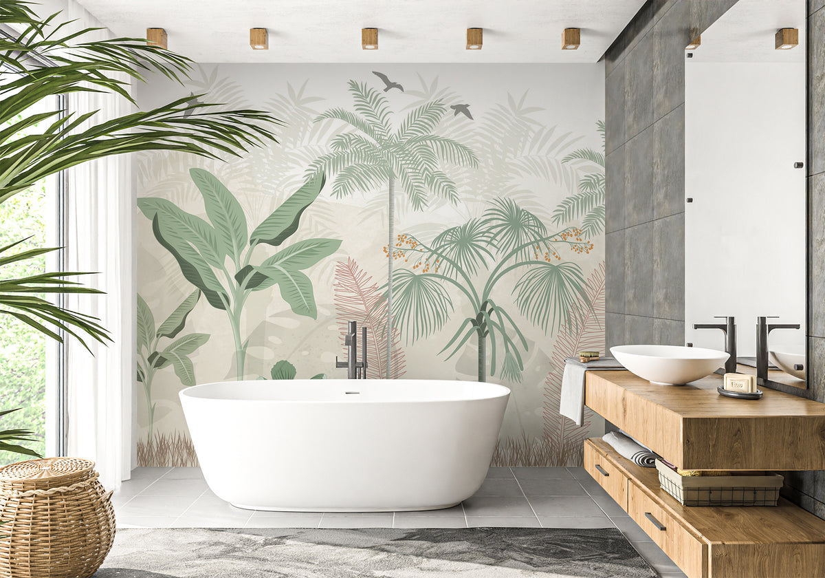 Pastel jungle bathroom wallpaper