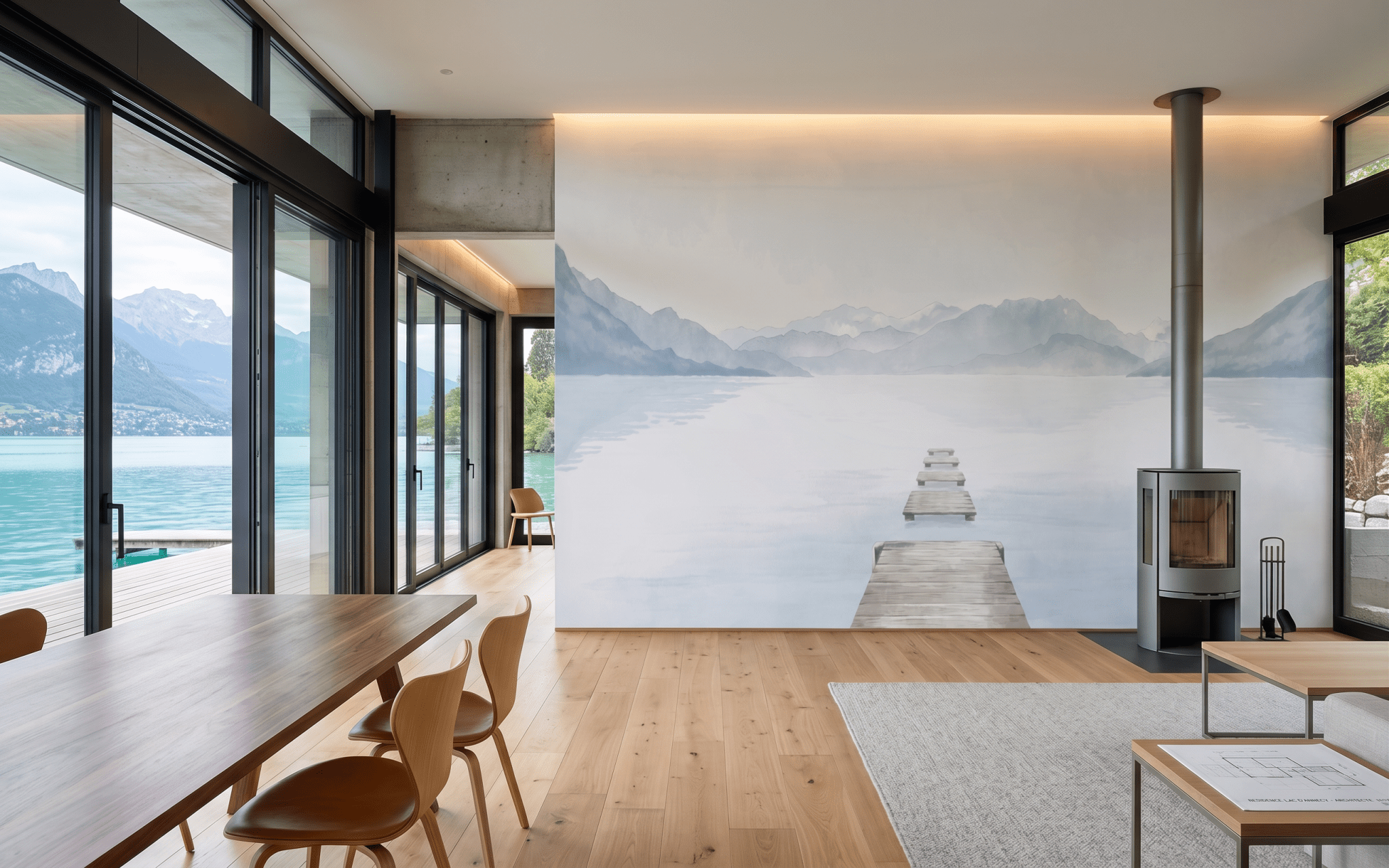 Papier peint lac et montagne panoramique – Ponton Annecy aquarelle bleu - Muralconcept