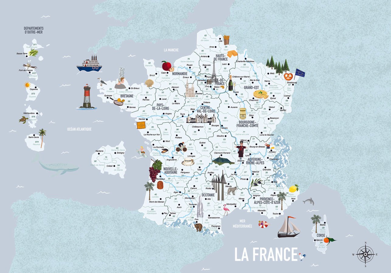 Papier peint carte de France enfant bleu, mural concept, tendance