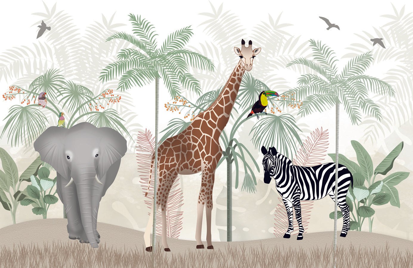 Papier peint enfant animaux de la savane, mural concept, tendance