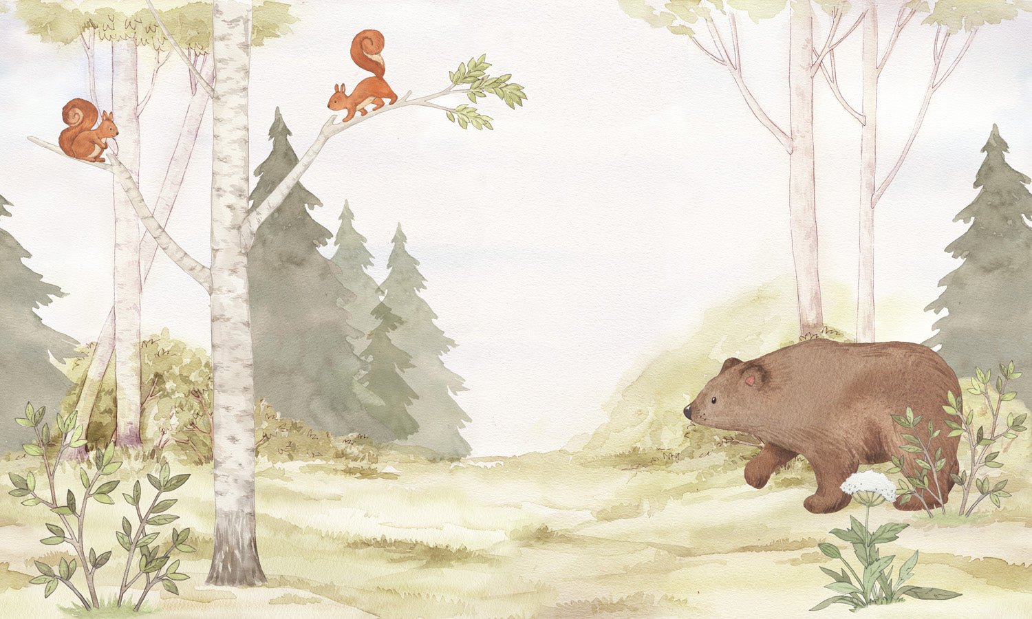 Papier peint enfant tendre ours dans la forêt, mural concept, tendance