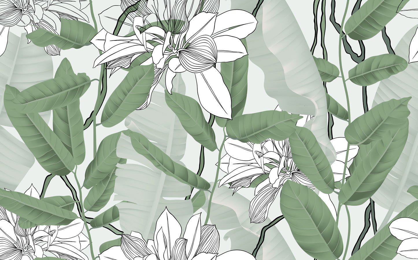 Papier peint feuillage nature vert fleur NB, mural concept, tendance