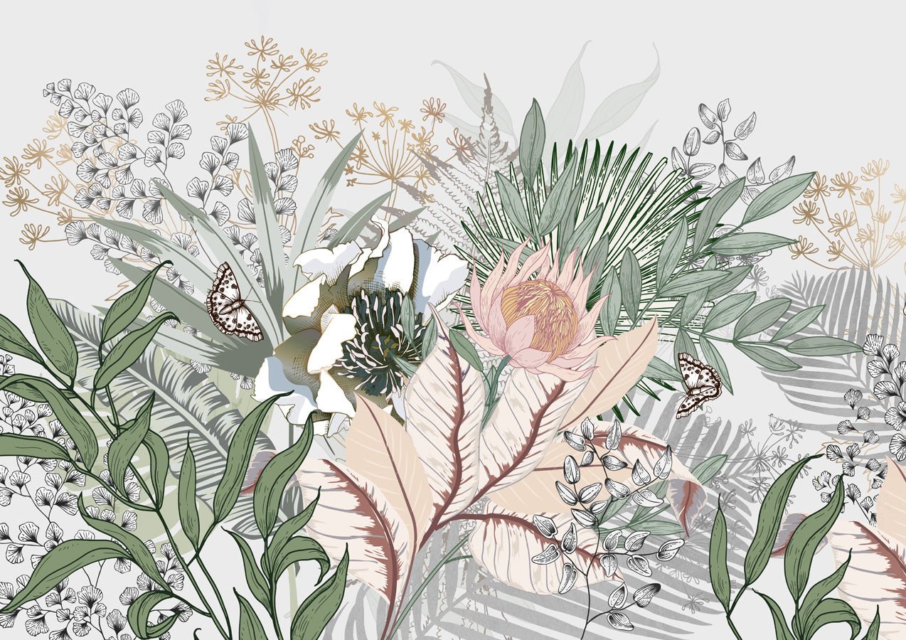 Papier peint panoramique floral botanic, mural concept, tendance