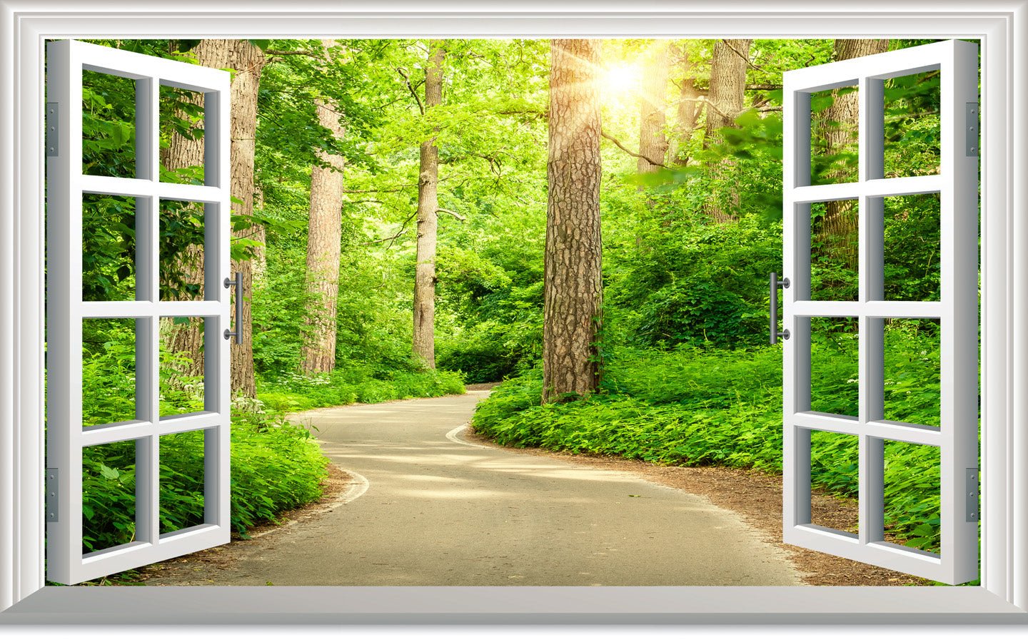 Papier peint salle de bain trompe l’œil balade en forêt, mural concept, tendance