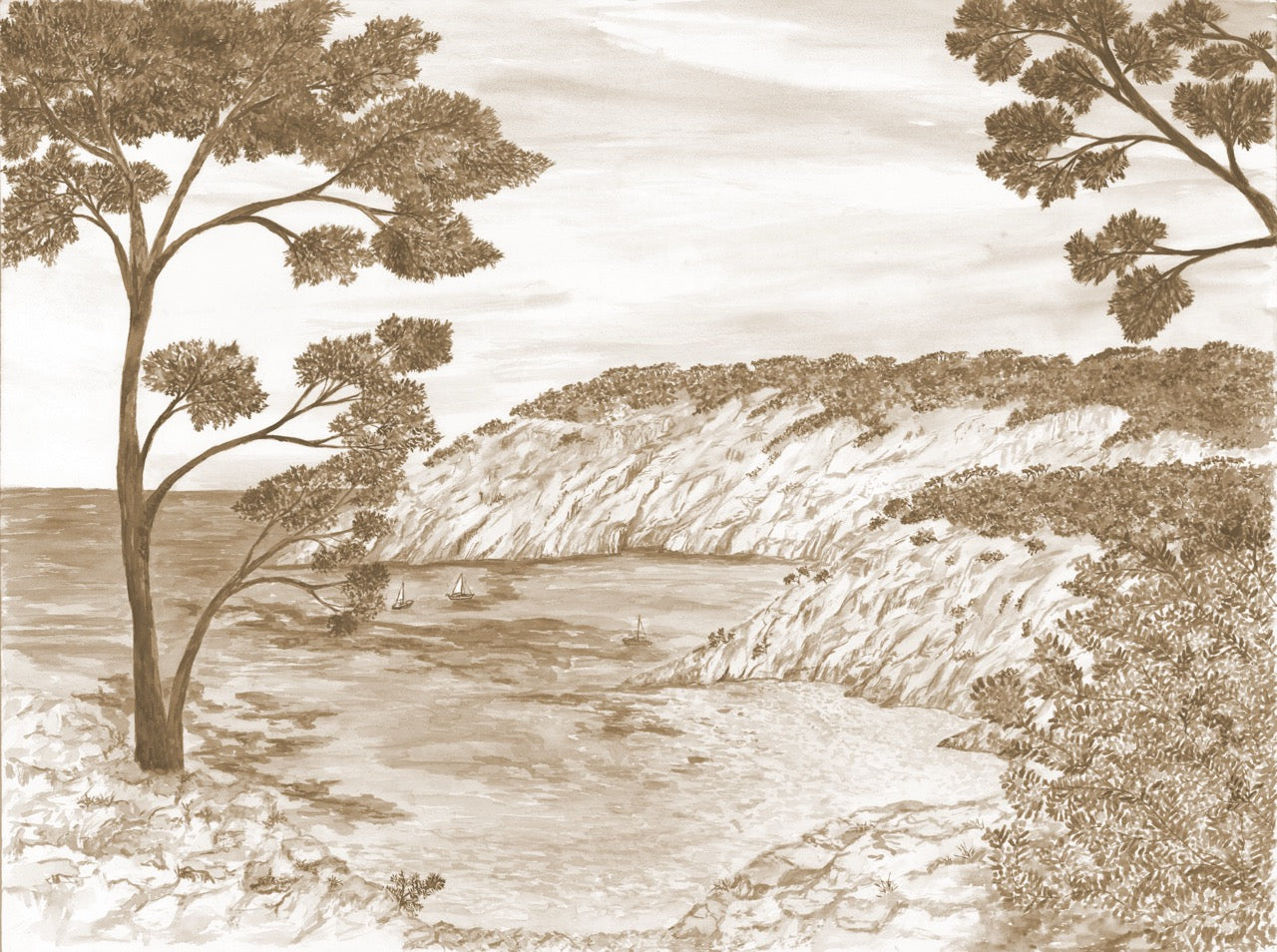 Panoramic Wallpaper - The Calanques of the South in Sepia Tones