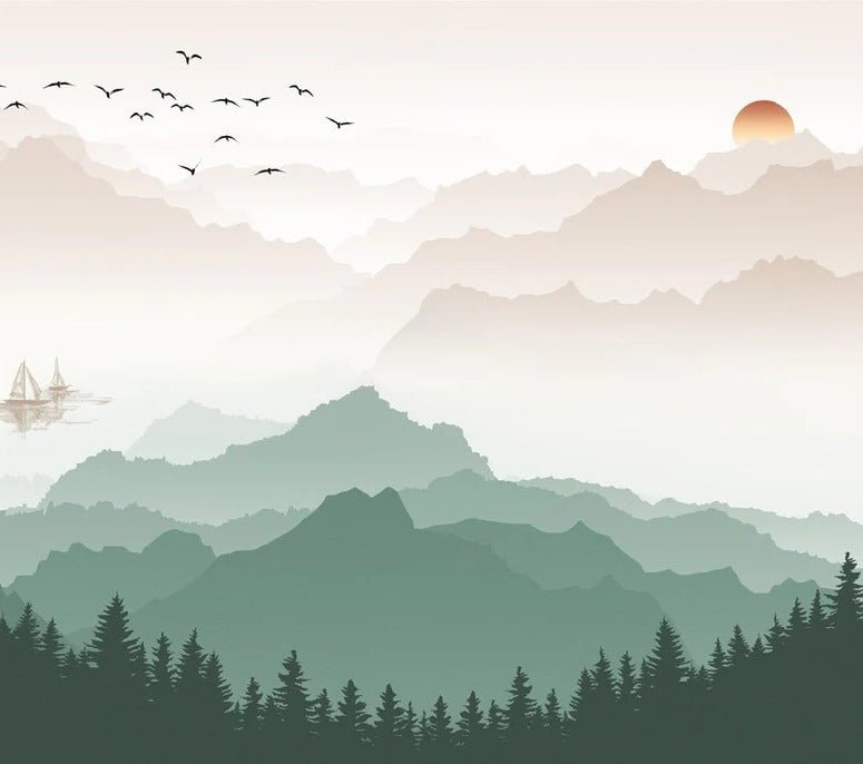 Papier peint montagne dans brume terracotta