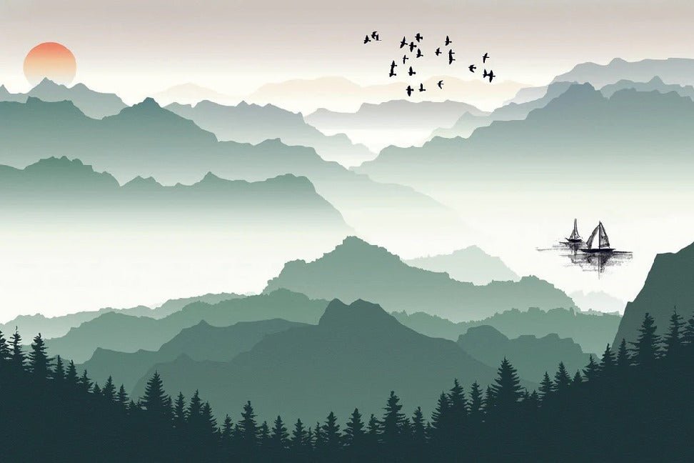 Papier peint montagne et voile sur le lac