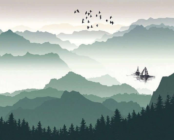 Papier peint montagne et voile sur le lac