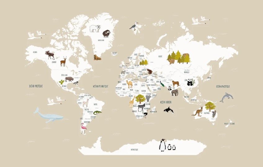 Papier peint Carte du monde en Francais enfant beige