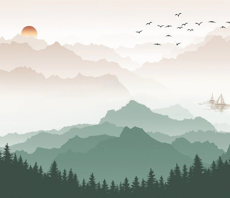 Papier peint montagne dans brume terracotta