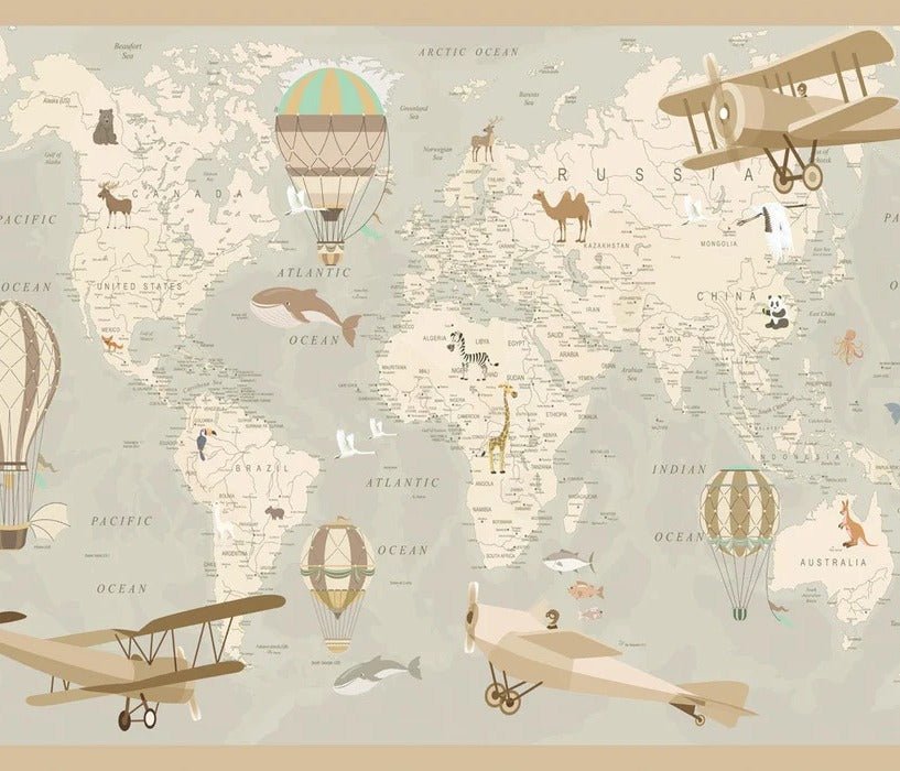 Children's wallpaper map of the world aviator