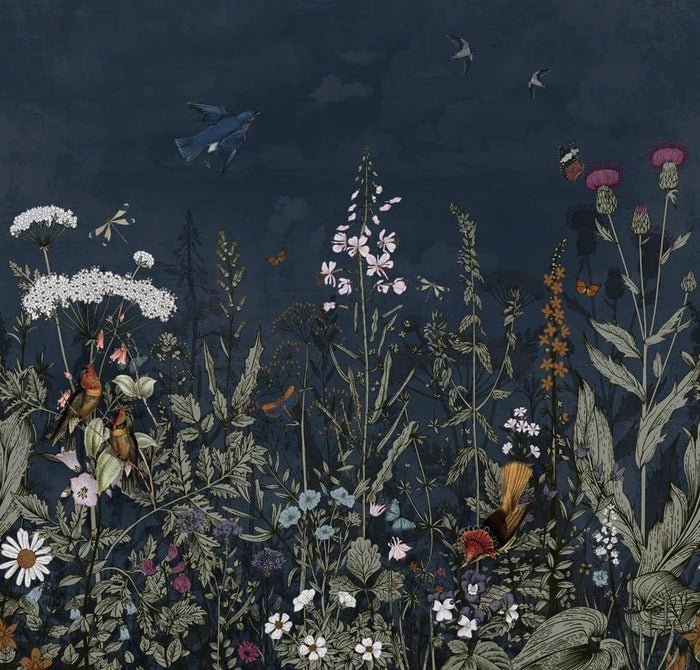 Panoramic night-blue floral wallpaper