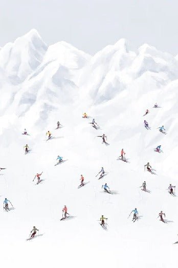 Papier peint montagne skieurs colorés, mural concept, tendance