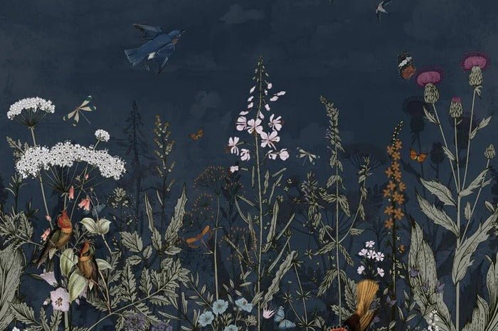 Panoramic night-blue floral wallpaper