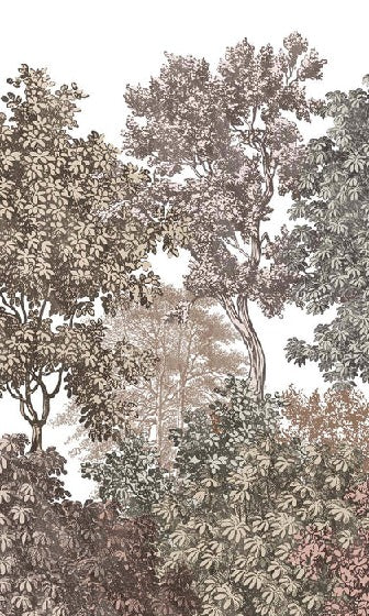 Papier peint paysage forêt gravure rosé