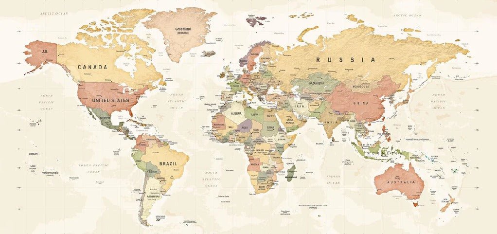 Papier peint panoramique carte du monde exploration, XXL, tendance