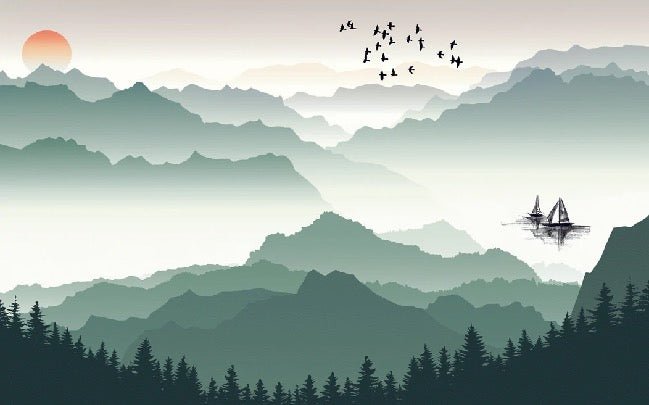 Papier peint montagne et voile sur le lac