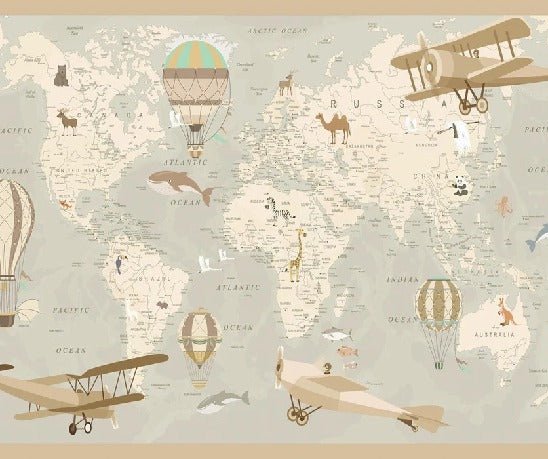 Papier peint enfant carte du monde aviateur