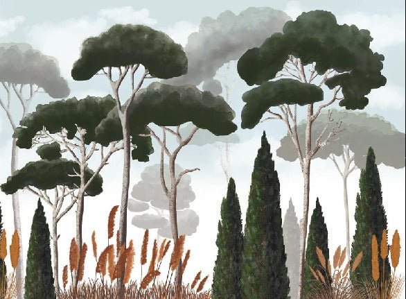 Papier peint sur mesure cyprès pins et herbes de la pampa, XXL, tendance