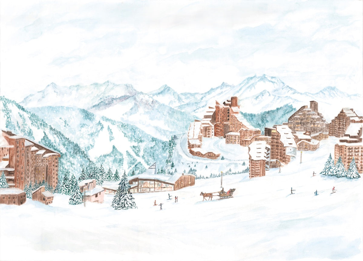 Avoriaz Panoramic Wallpaper – Skiing, Horse-Drawn Carriage, Mountains in Watercolor