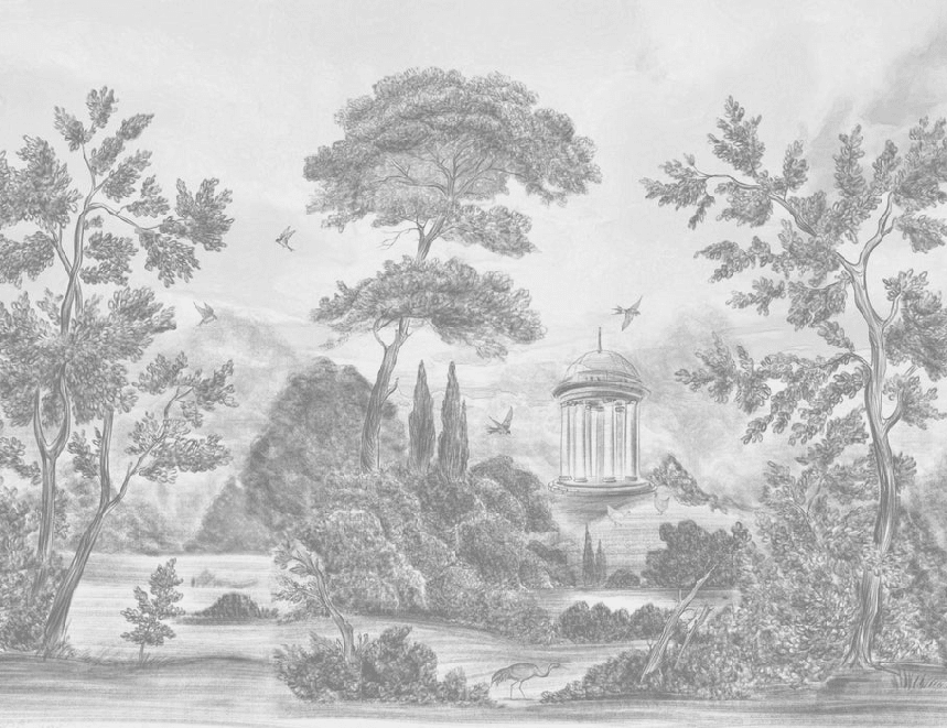 Papier peint panoramique Villa Borghese Rome – Gravure noir et blanc pins italiens - Muralconcept