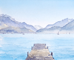 Papier peint aquarelle ponton lac Annecy - Perspective - Muralconcept