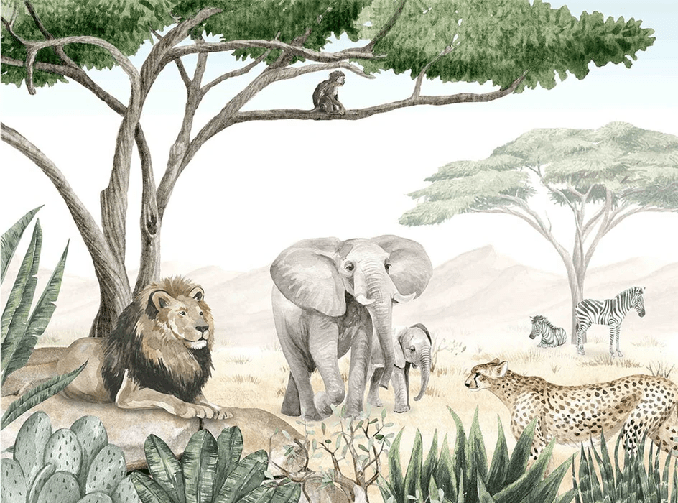 Papier peint enfant savane en peinture