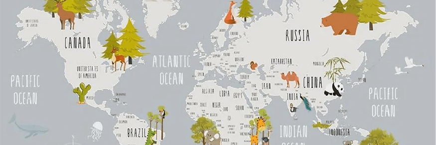 Papier peint chambre enfant map animaux gris clair, XXL, tendance