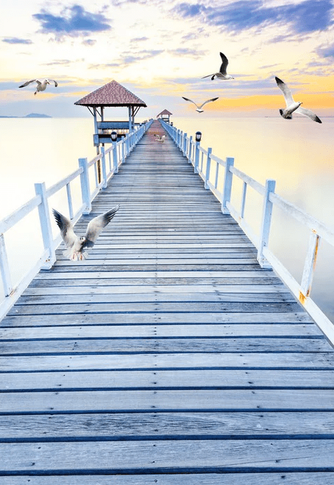 Papier peint trompe l’œil Ponton vue sur mer - Muralconcept