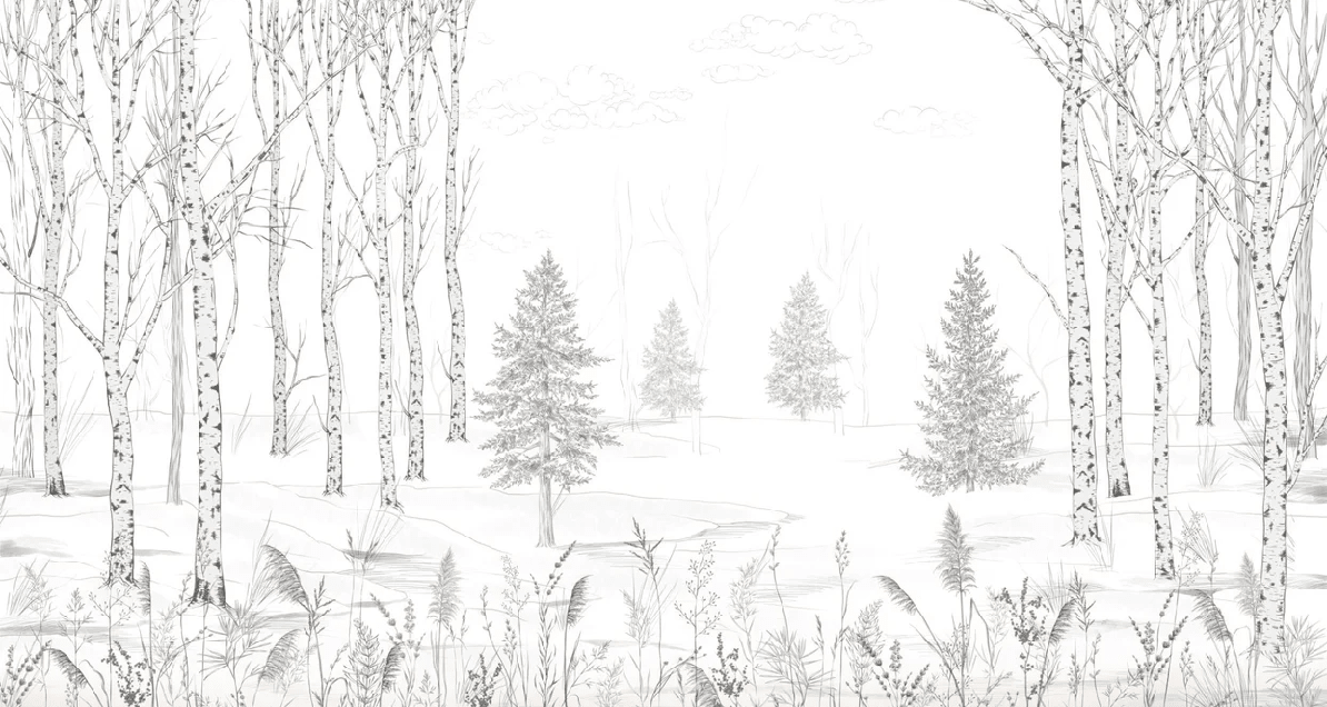 Papier peint forêt noir et blanc – Douceur des Bois - Muralconcept