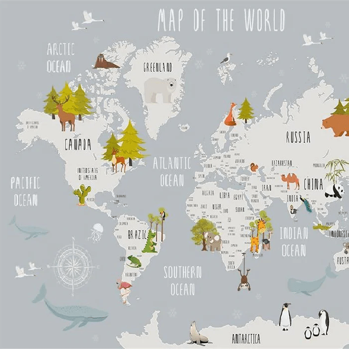 Light gray animal map children's bedroom wallpaper