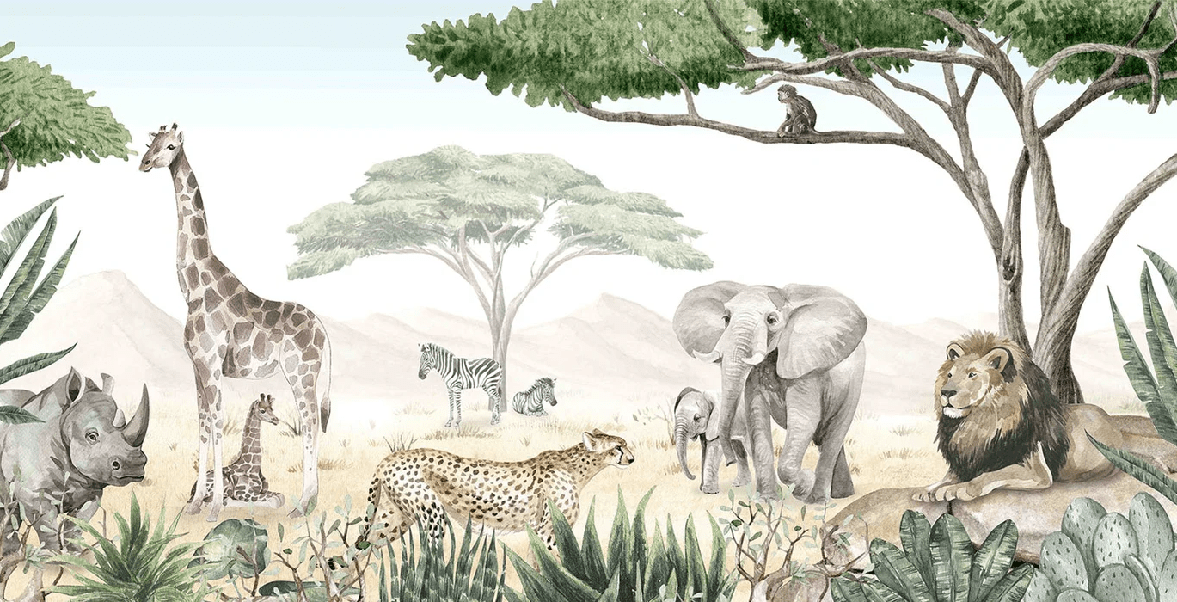 Papier peint enfant savane en peinture