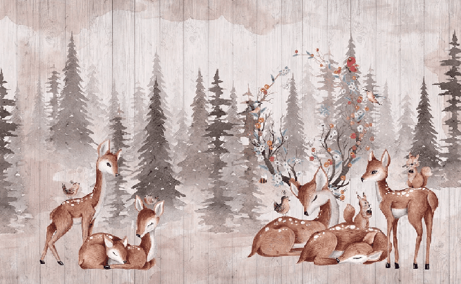 Papier peint chambre enfant douces biches - Muralconcept