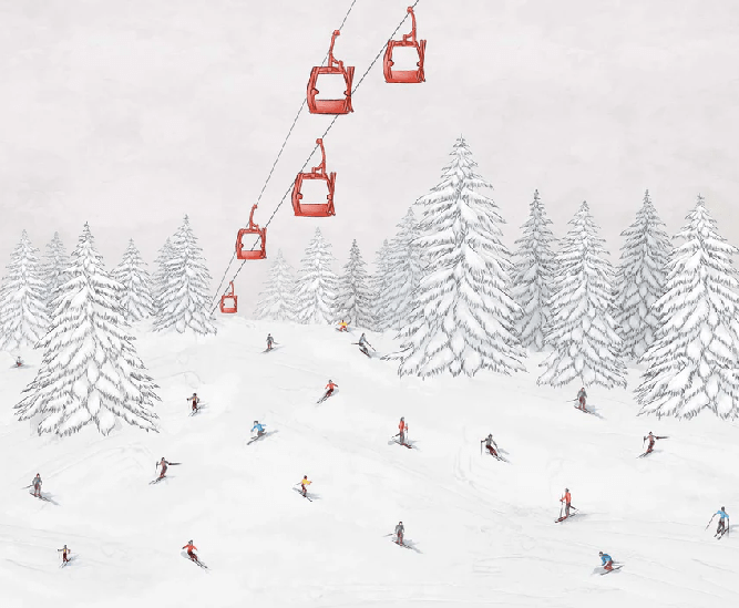 Papier peint télécabine skieurs colorés - Muralconcept