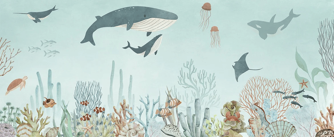 Papier peint bébé baleines bleu - Muralconcept